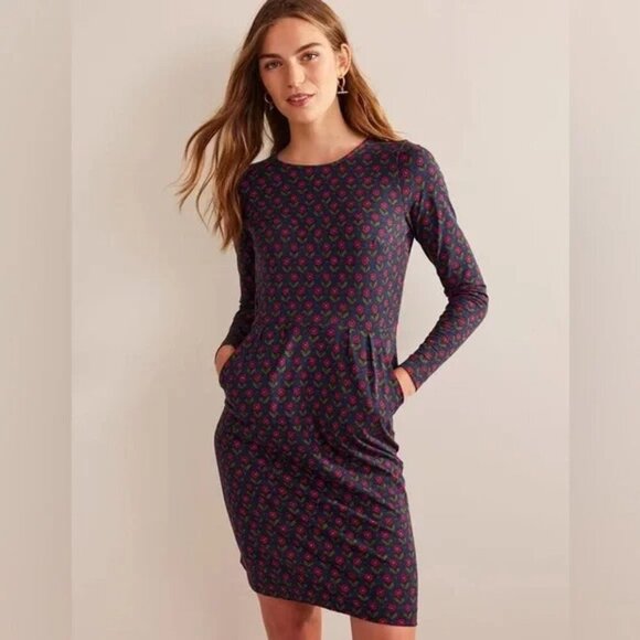 Boden Penelope Jersey Long Sleeve Dress Navy Daisy Foliage Size 10 Petite - Picture 2 of 16
